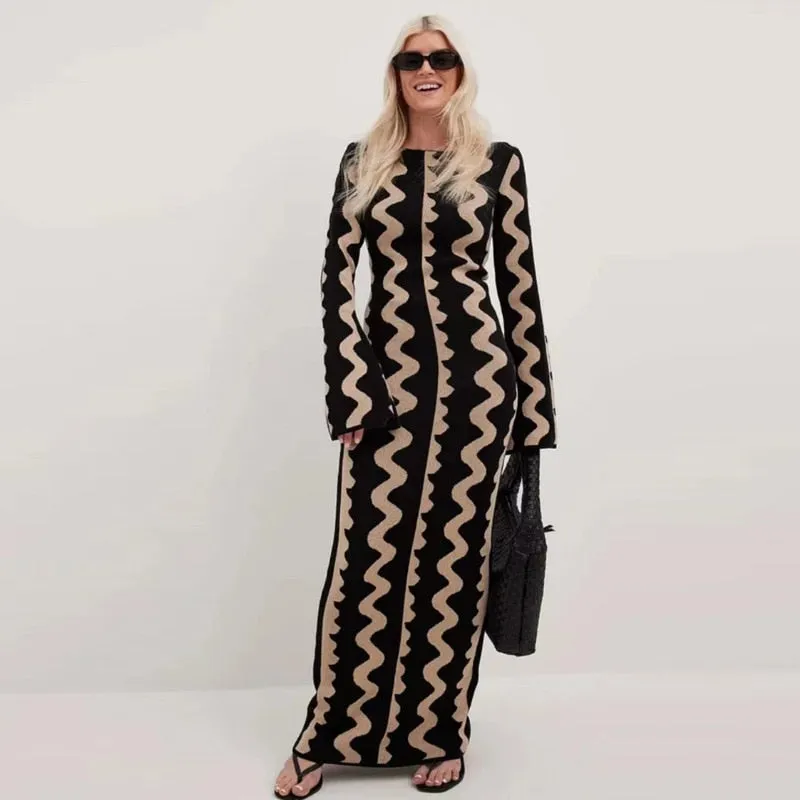 2025 Autumn Jacquard Knitted Dress Autumn Winter Elegant Long Sleeve Sweater Dress