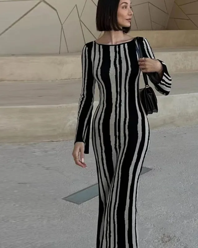 2025 Autumn Jacquard Knitted Dress Autumn Winter Elegant Long Sleeve Sweater Dress