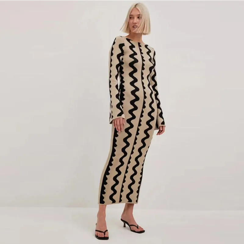 2025 Autumn Jacquard Knitted Dress Autumn Winter Elegant Long Sleeve Sweater Dress