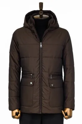 4 Pockets Hooded Zippered Quilted Brown Men Down Coat