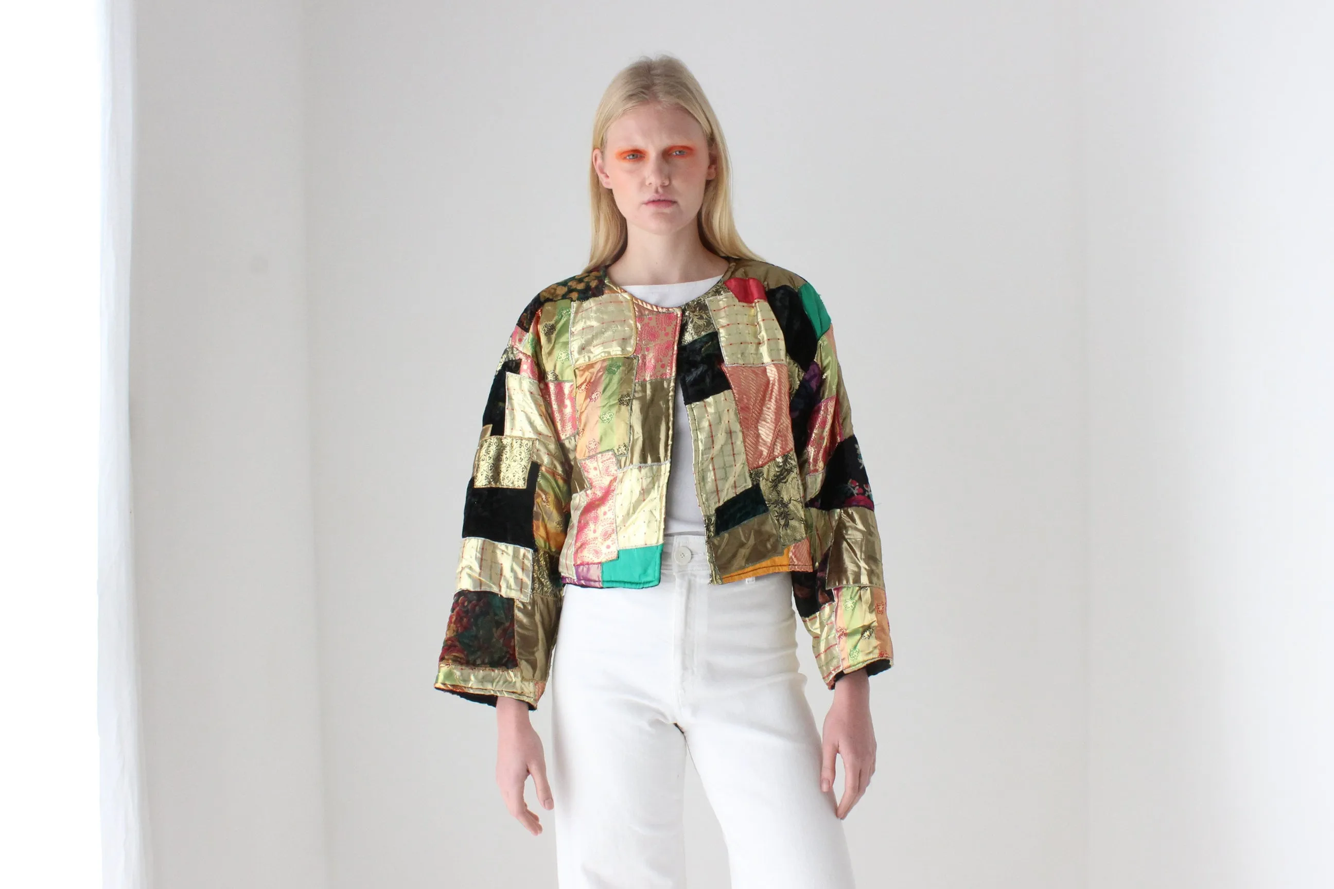 80s Metallic Patchwork Rayon Quilted Cropped Kimono Jacket