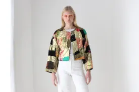 80s Metallic Patchwork Rayon Quilted Cropped Kimono Jacket