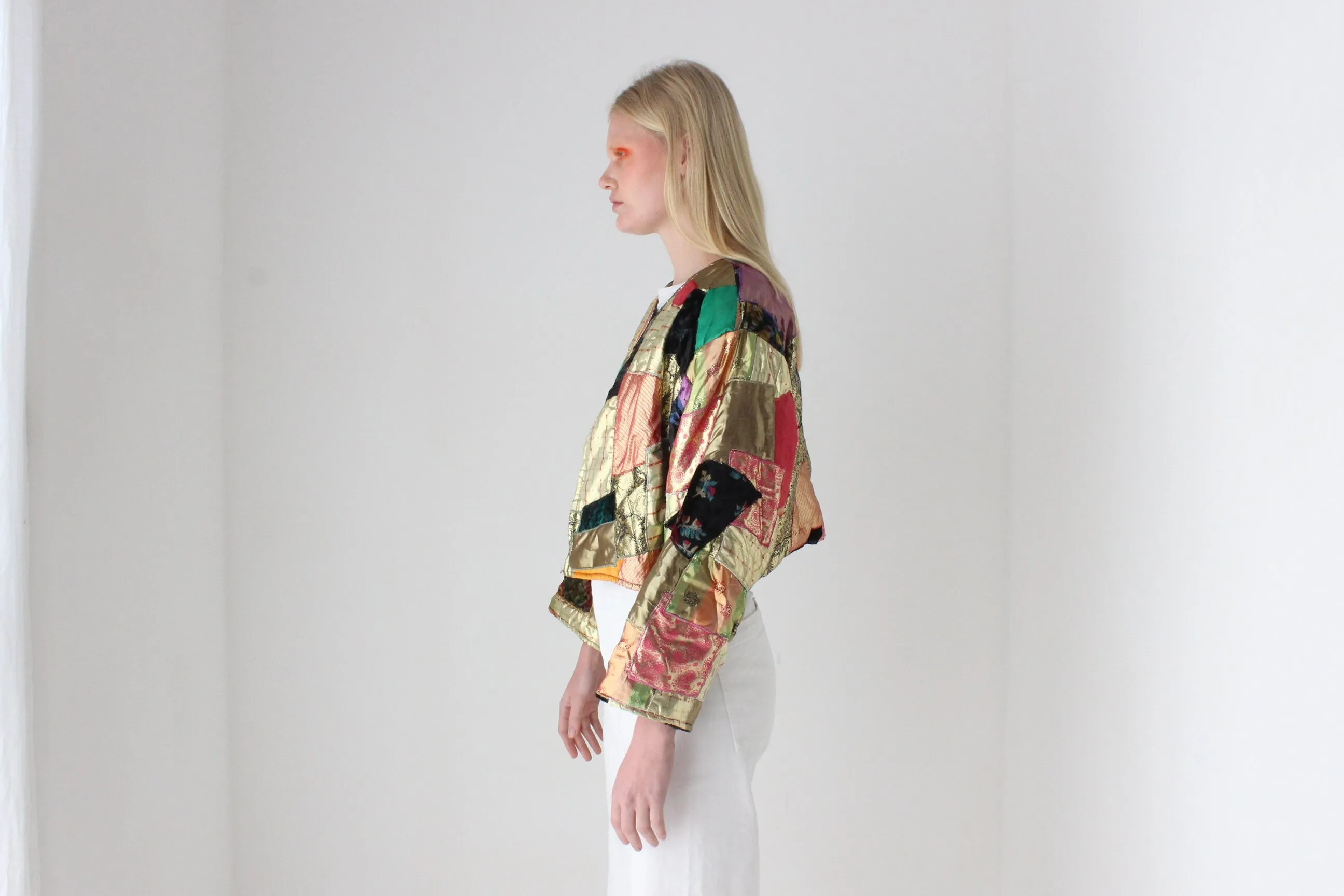 80s Metallic Patchwork Rayon Quilted Cropped Kimono Jacket