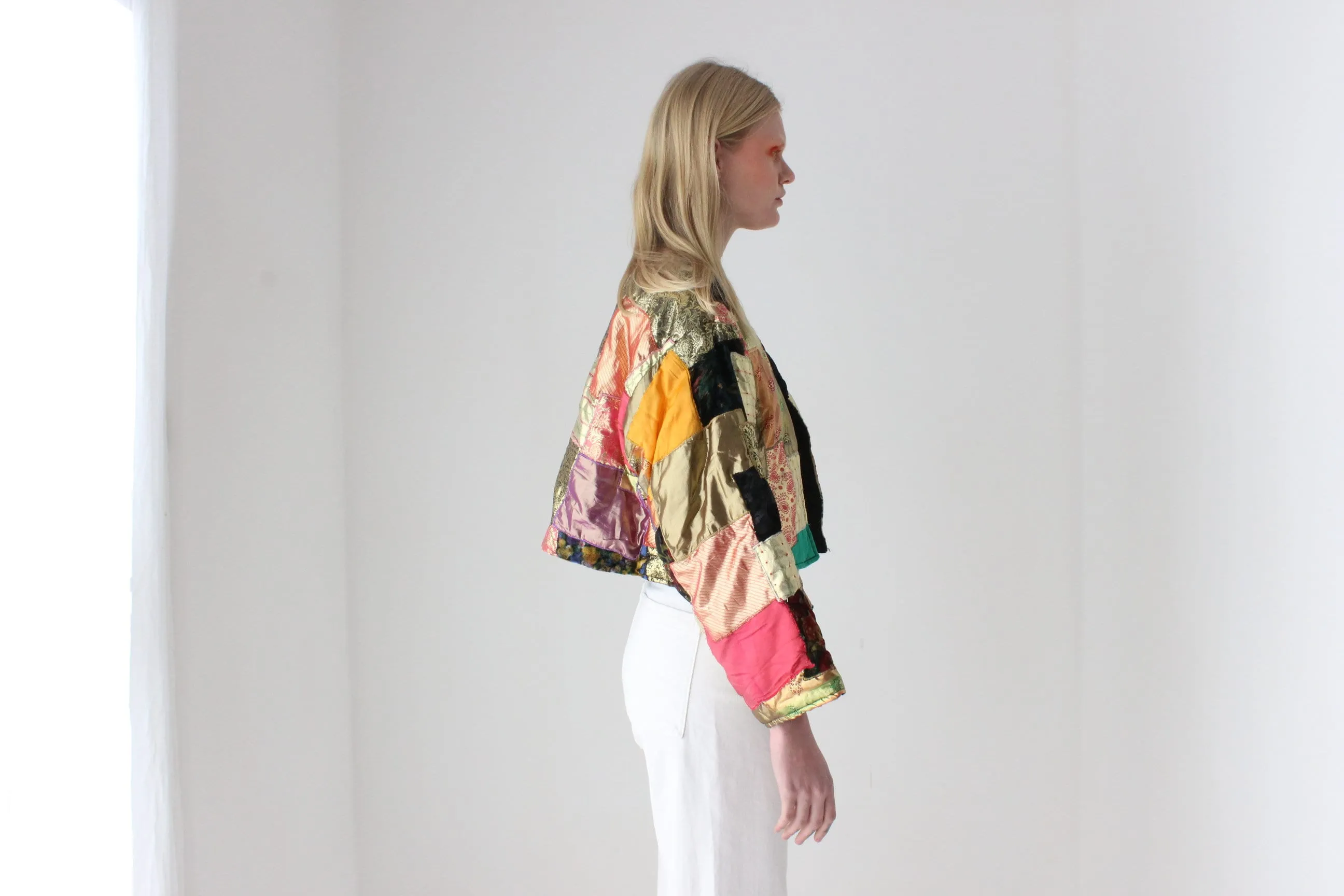 80s Metallic Patchwork Rayon Quilted Cropped Kimono Jacket