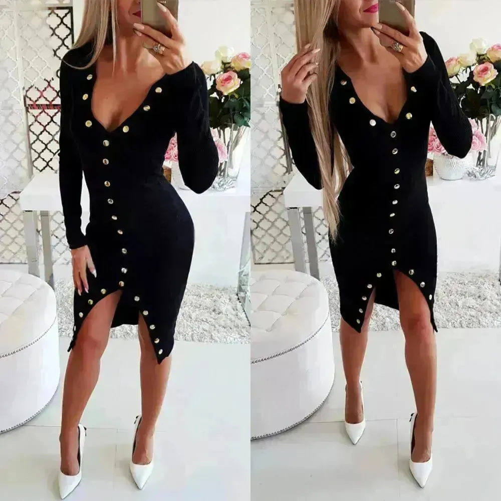 Autumn Winter Party Club V-neck Split Bodycon Sweater Dress
