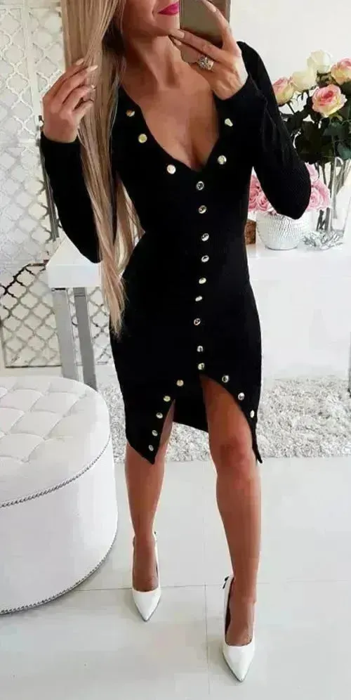 Autumn Winter Party Club V-neck Split Bodycon Sweater Dress