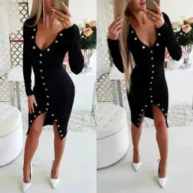 Autumn Winter Party Club V-neck Split Bodycon Sweater Dress