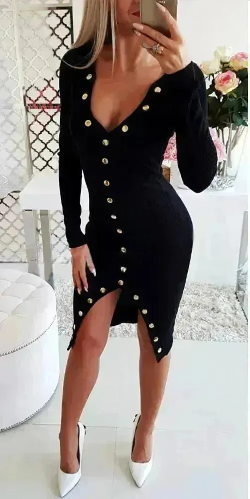 Autumn Winter Party Club V-neck Split Bodycon Sweater Dress