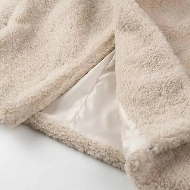 Beige Collar Pocket Faux Fur Coat
