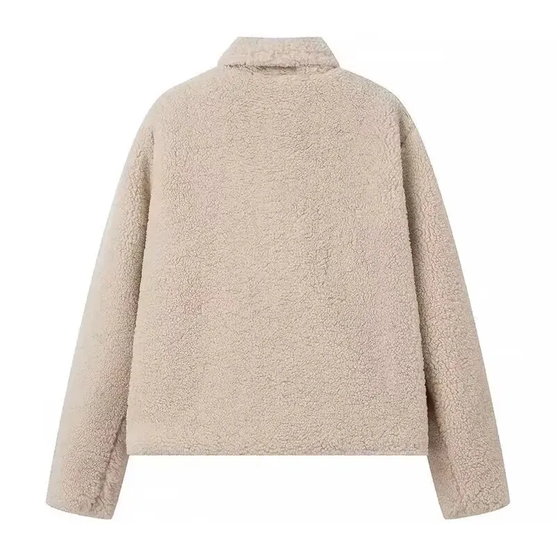 Beige Collar Pocket Faux Fur Coat