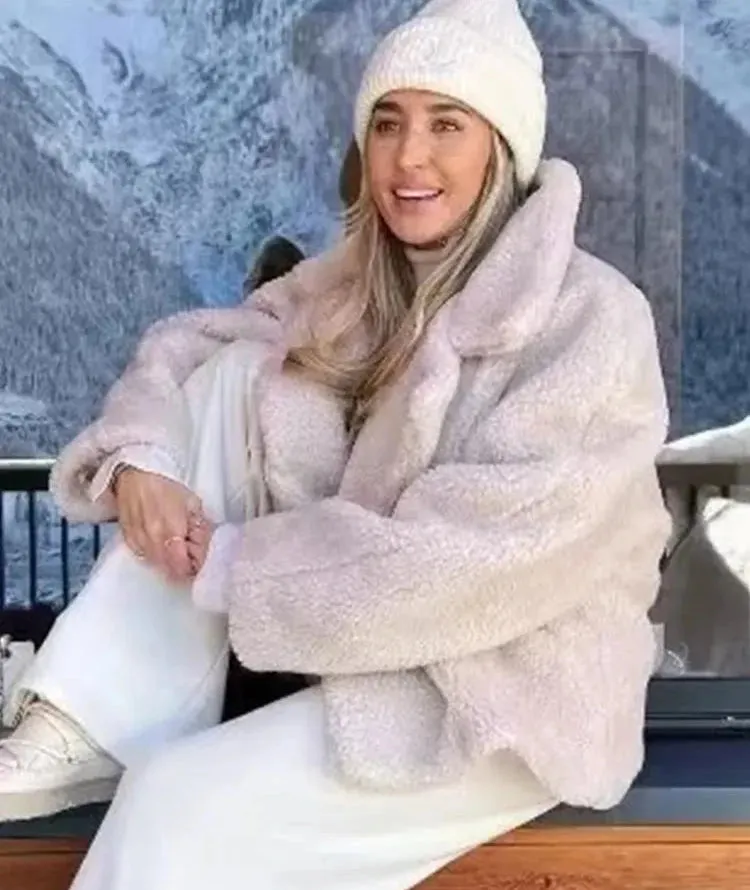 Beige Collar Pocket Faux Fur Coat