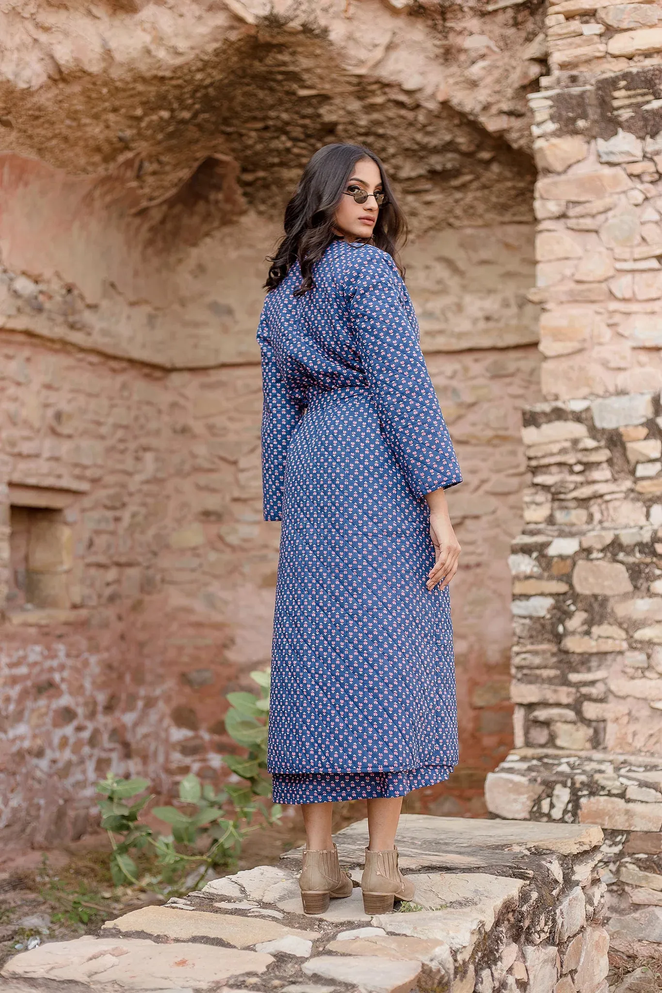Blue Block Printed Dress With Quilted Jacket