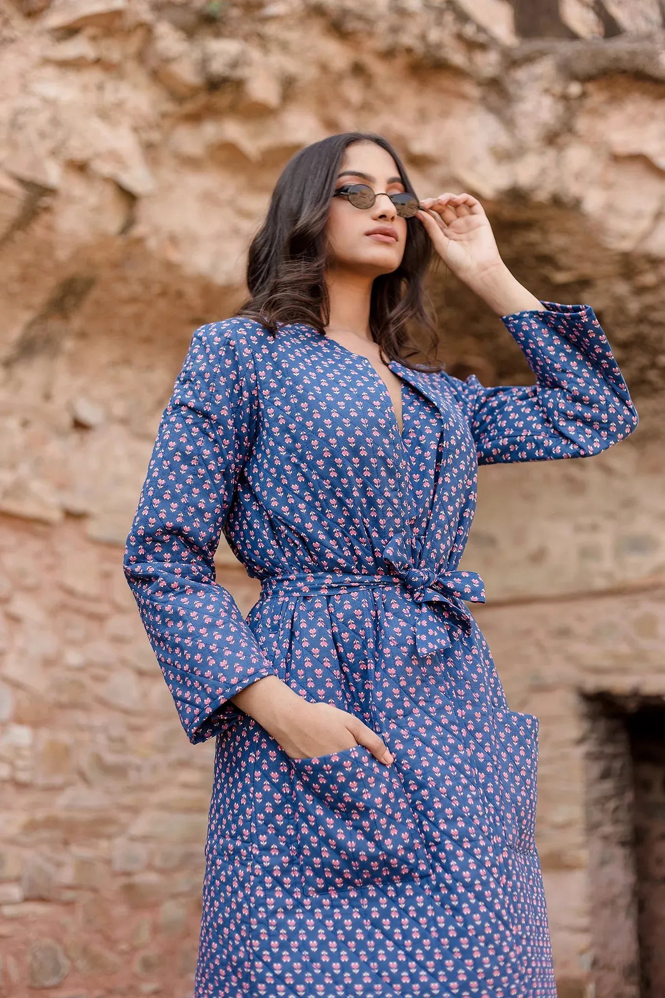 Blue Block Printed Dress With Quilted Jacket
