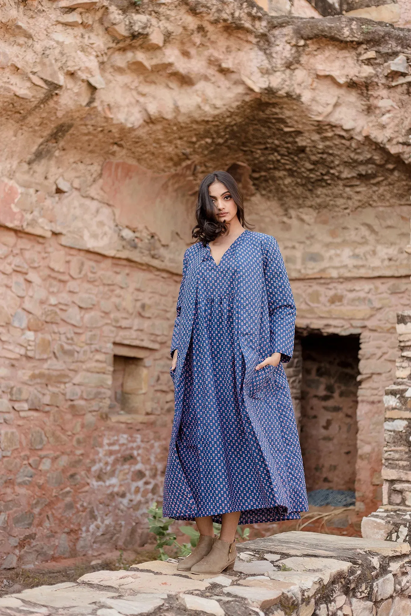 Blue Block Printed Dress With Quilted Jacket