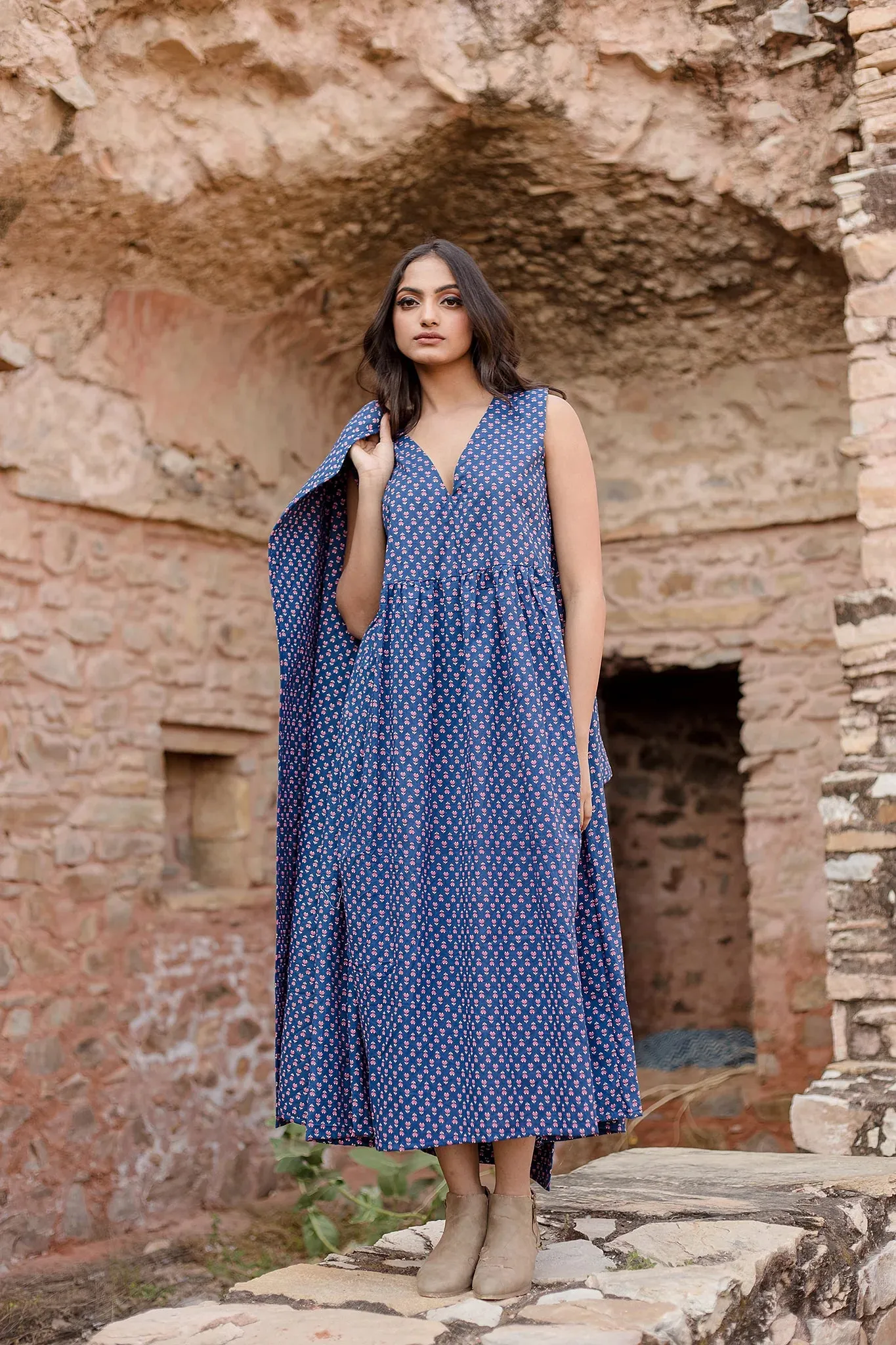 Blue Block Printed Dress With Quilted Jacket