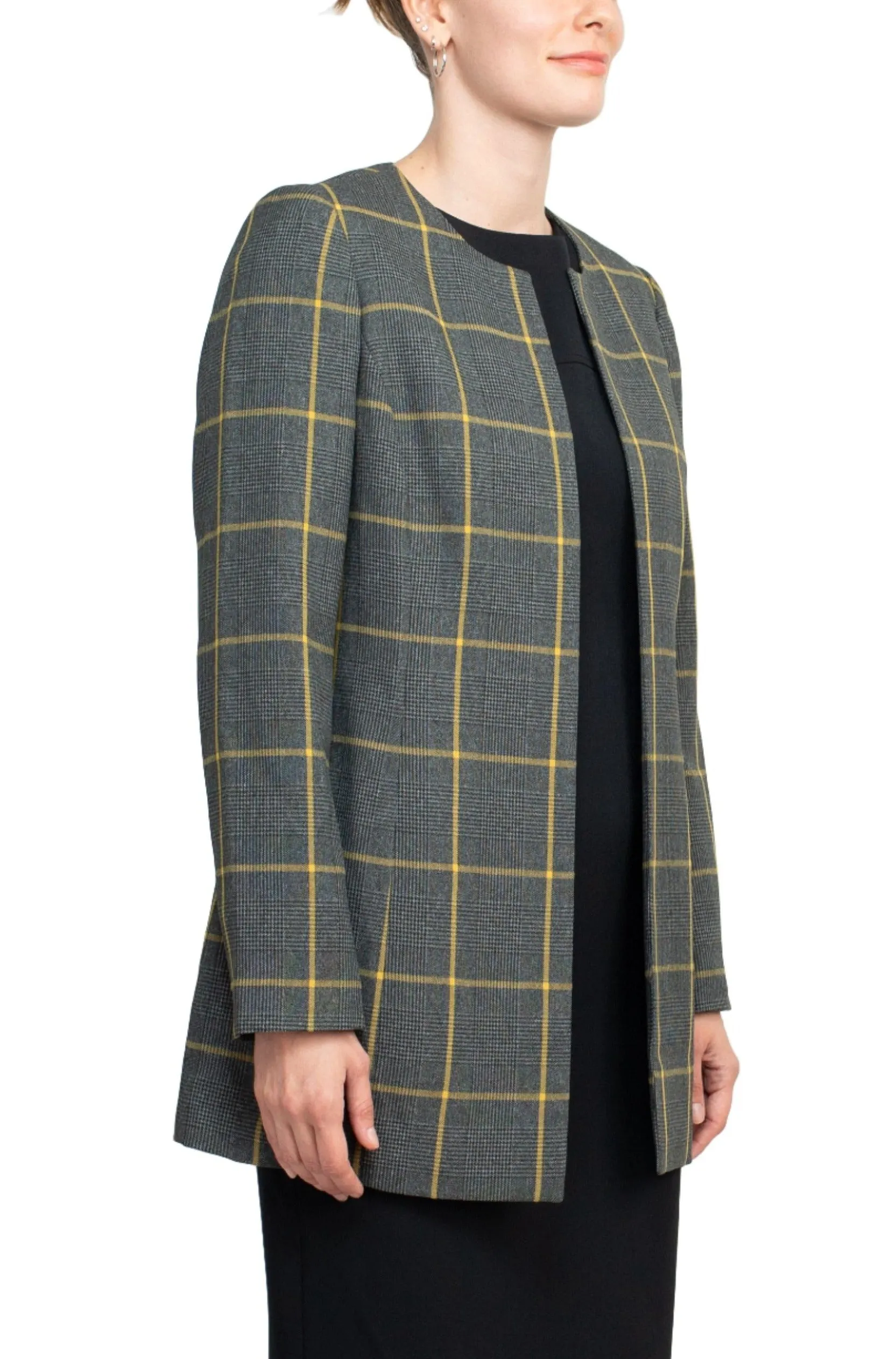 Boat Neck Sleeveless Zipper Back Crepe Dress with Crew Neck Long Sleeve Large Windowpane Pattern Jacket (Two Piece Set)