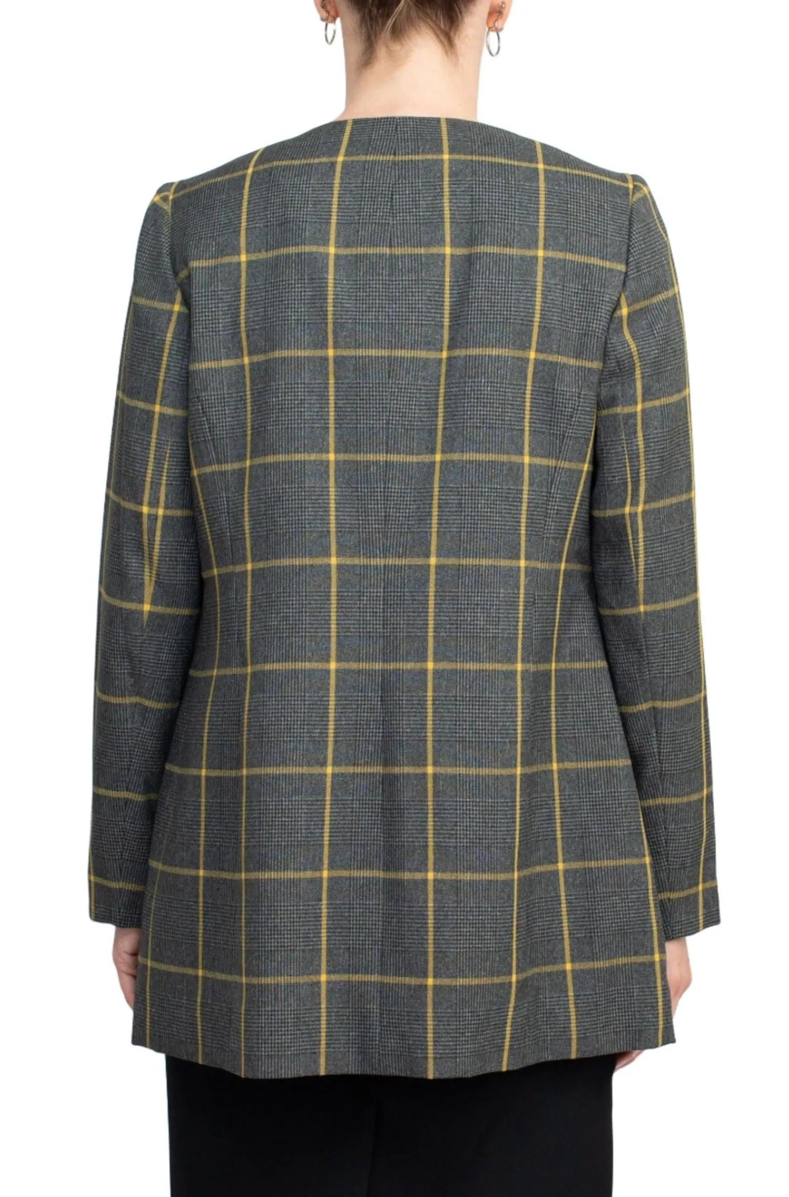 Boat Neck Sleeveless Zipper Back Crepe Dress with Crew Neck Long Sleeve Large Windowpane Pattern Jacket (Two Piece Set)