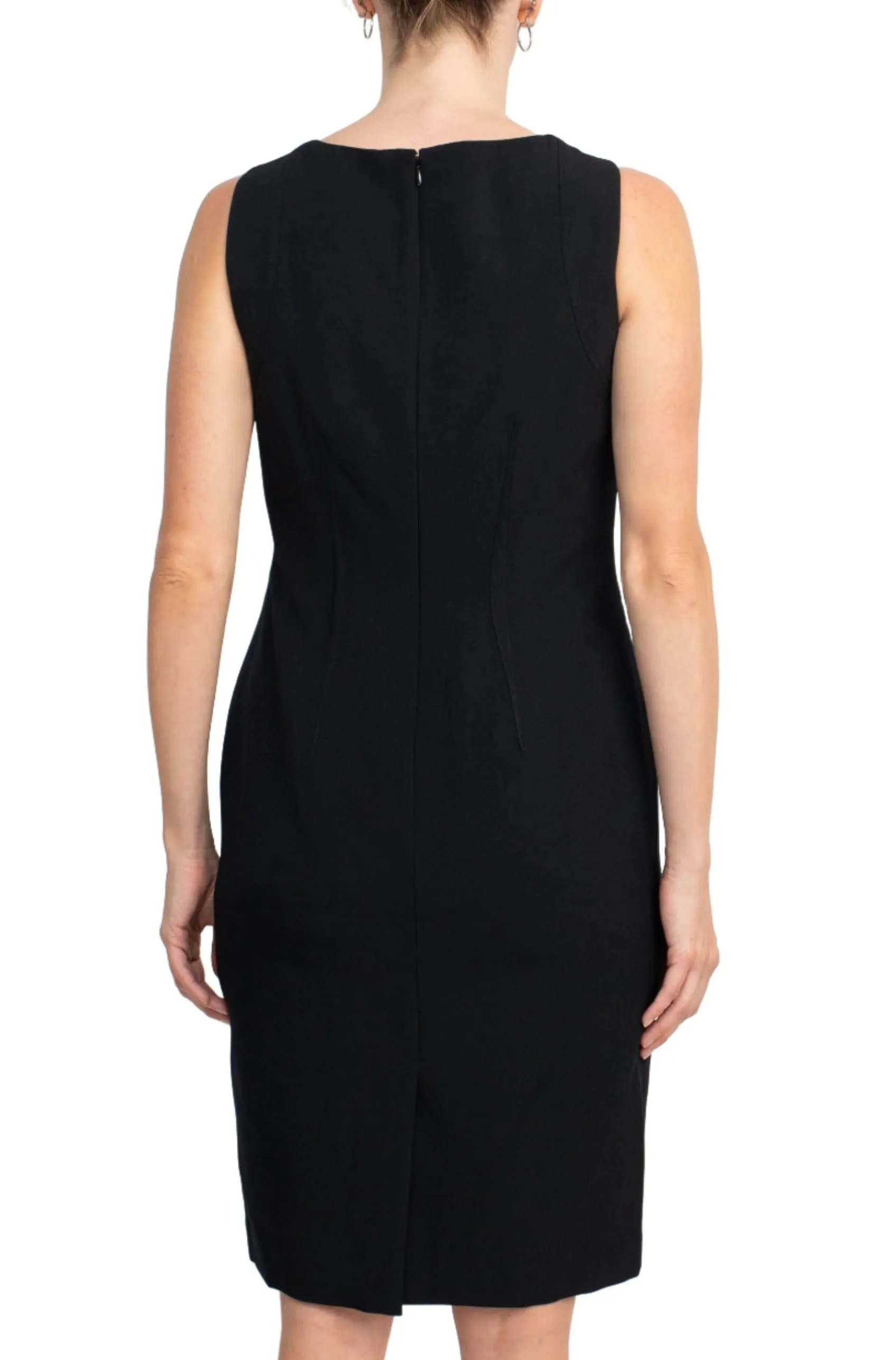 Boat Neck Sleeveless Zipper Back Crepe Dress with Crew Neck Long Sleeve Large Windowpane Pattern Jacket (Two Piece Set)