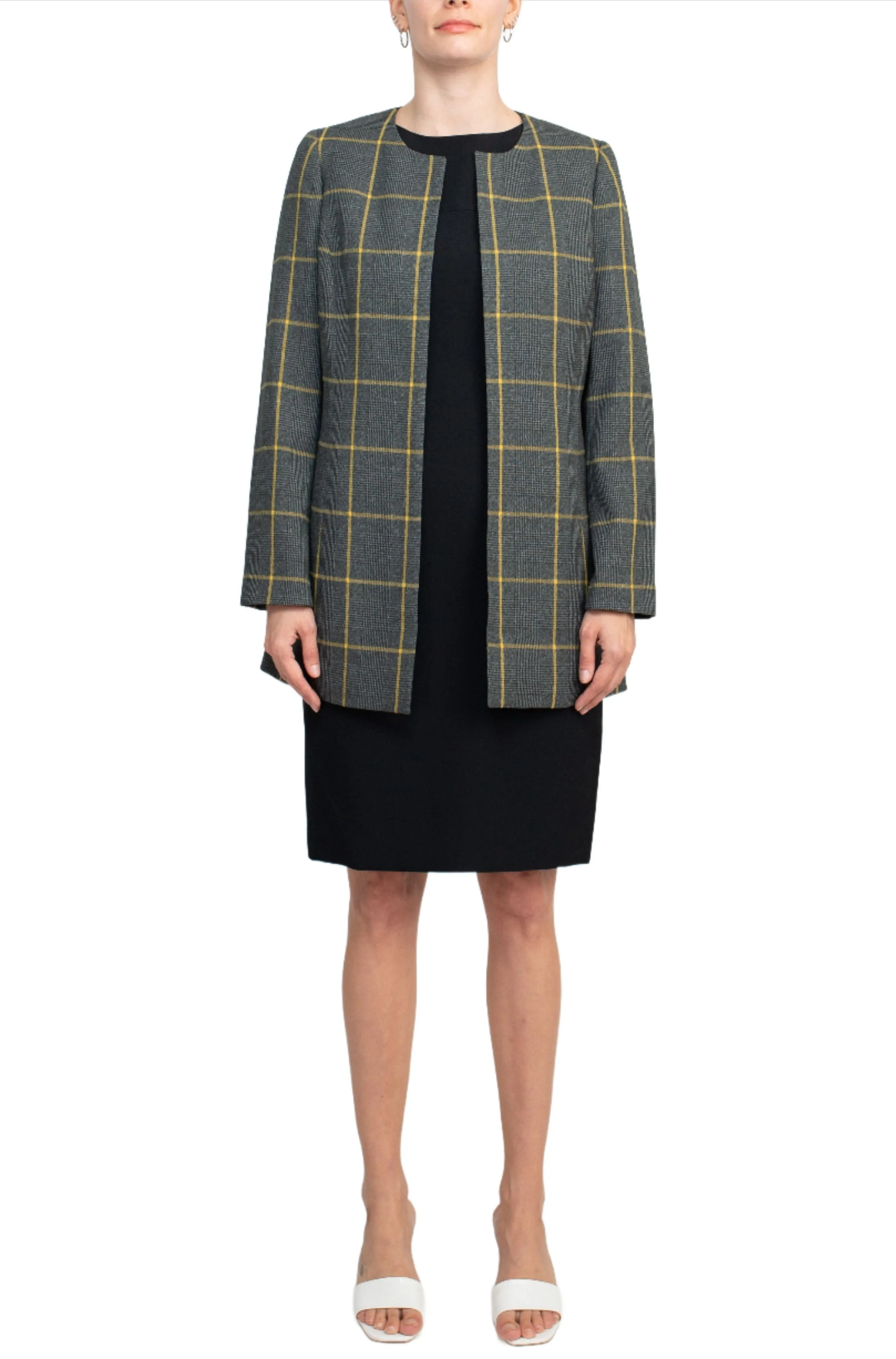 Boat Neck Sleeveless Zipper Back Crepe Dress with Crew Neck Long Sleeve Large Windowpane Pattern Jacket (Two Piece Set)
