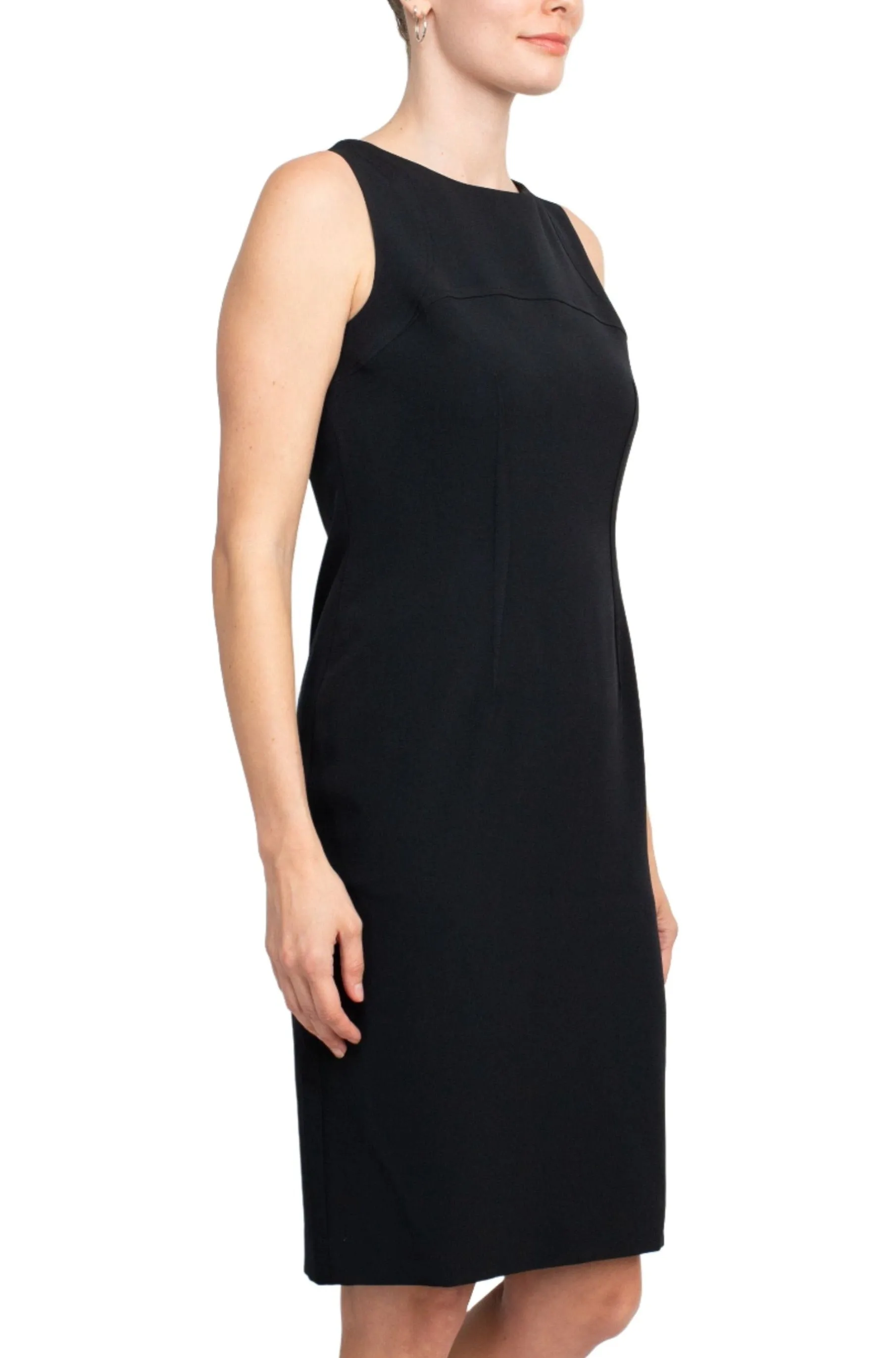 Boat Neck Sleeveless Zipper Back Crepe Dress with Crew Neck Long Sleeve Large Windowpane Pattern Jacket (Two Piece Set)