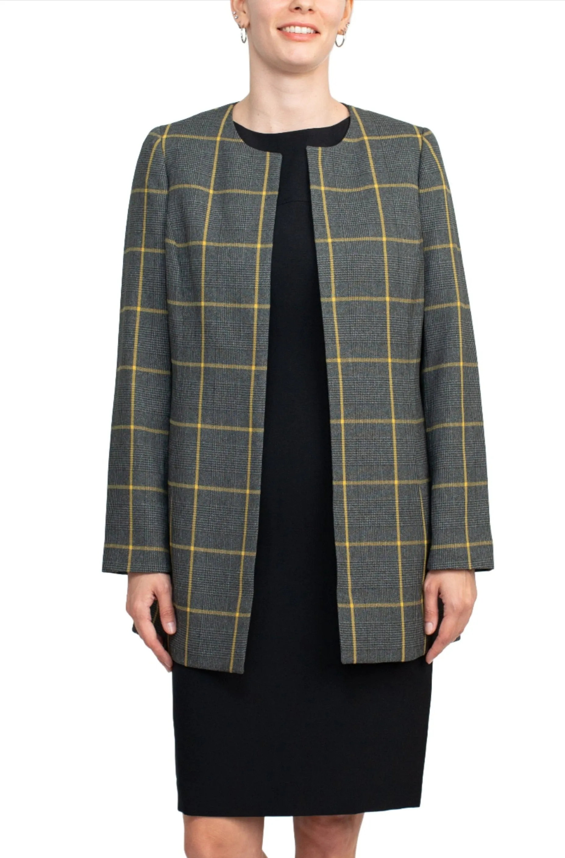 Boat Neck Sleeveless Zipper Back Crepe Dress with Crew Neck Long Sleeve Large Windowpane Pattern Jacket (Two Piece Set)