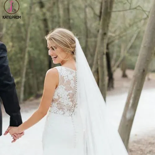 Chic Sleeveless Long Wedding Dress with Lace Appliques, Long Train Beach Wedding Dress KPW0585