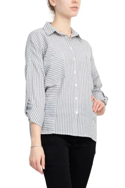 Collared Button Down 2 Way Sleeve Pockets High Low Hem Polyester Shirt