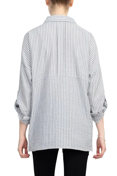 Collared Button Down 2 Way Sleeve Pockets High Low Hem Polyester Shirt