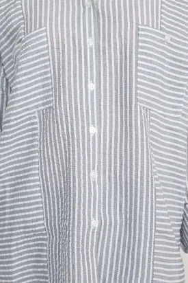 Collared Button Down 2 Way Sleeve Pockets High Low Hem Polyester Shirt
