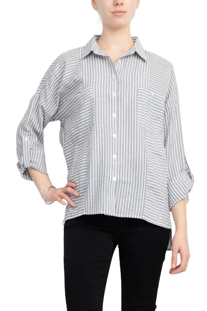 Collared Button Down 2 Way Sleeve Pockets High Low Hem Polyester Shirt