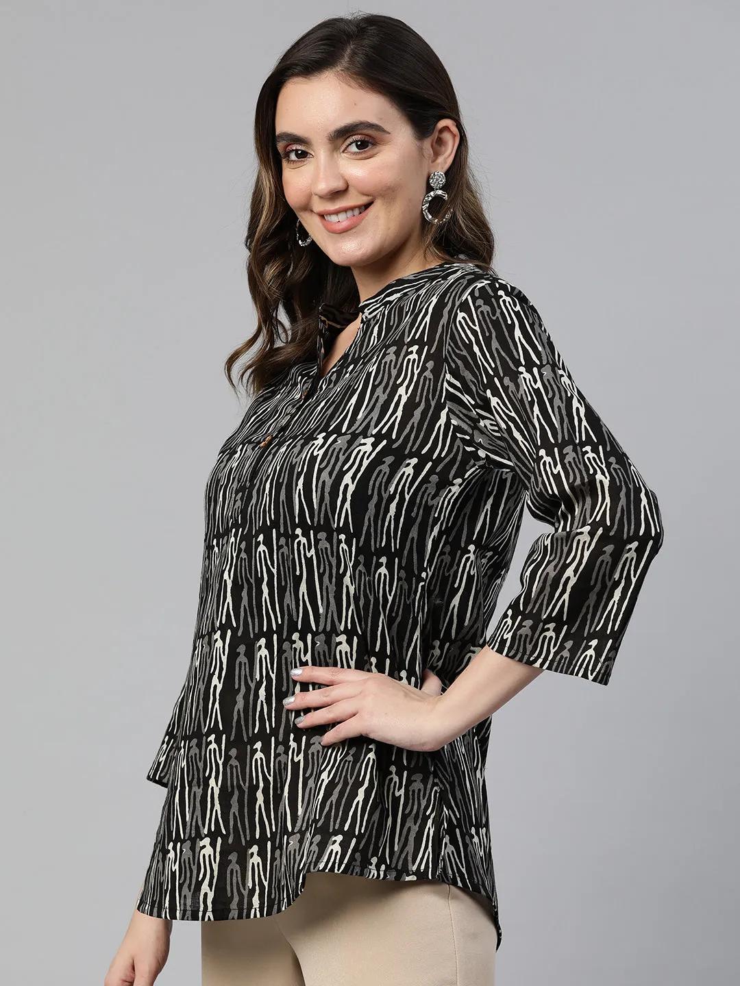Cottinfab Printed Mandarin Collar Cotton Longline Top