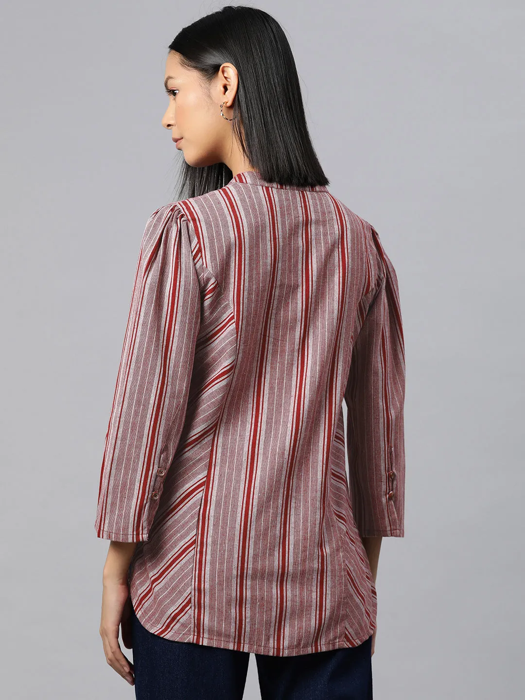 Cottinfab Striped Mandarin Collar Cotton Top