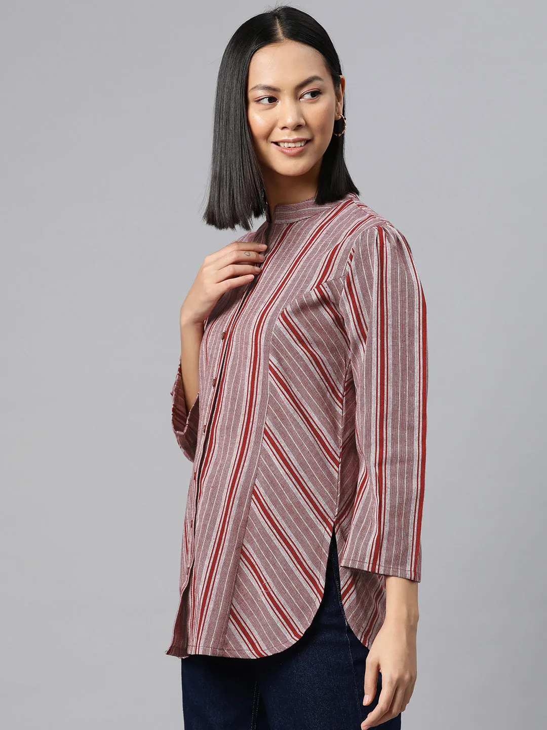 Cottinfab Striped Mandarin Collar Cotton Top