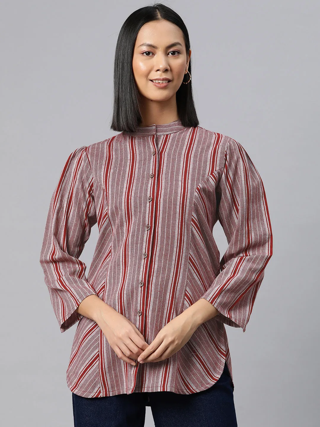 Cottinfab Striped Mandarin Collar Cotton Top