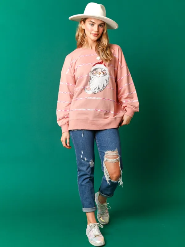 Elisha Christmas Santa Claus Sequin Casual Top Striped Long Sleeve Sweatshirt