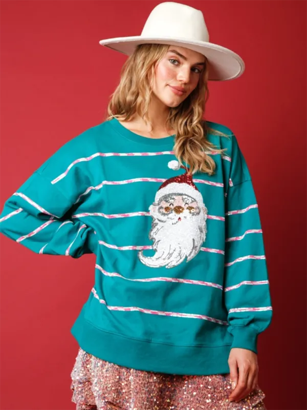 Elisha Christmas Santa Claus Sequin Casual Top Striped Long Sleeve Sweatshirt