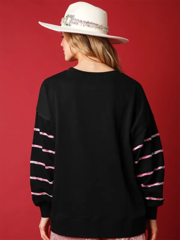 Elisha Christmas Santa Claus Sequin Casual Top Striped Long Sleeve Sweatshirt