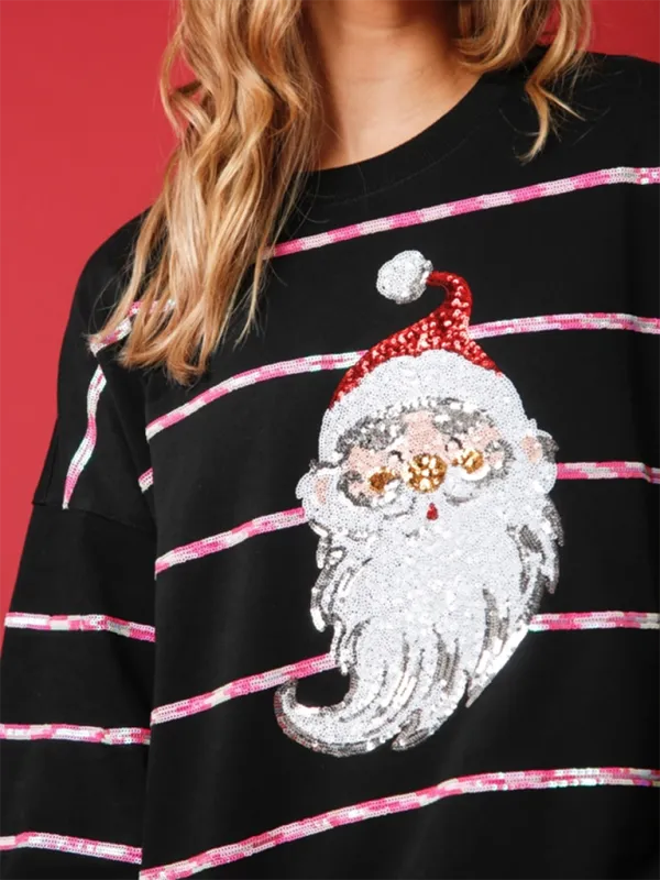 Elisha Christmas Santa Claus Sequin Casual Top Striped Long Sleeve Sweatshirt