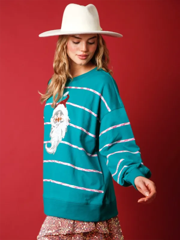 Elisha Christmas Santa Claus Sequin Casual Top Striped Long Sleeve Sweatshirt