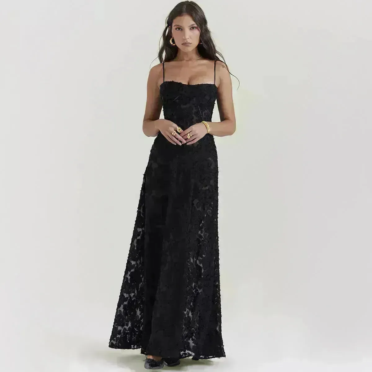 Fashion Suspender Lace Long Dress Summer Strapless Collar Elegant Evening Dresses For Women