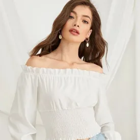 Frill Trim Shirred Waist Bardot Top