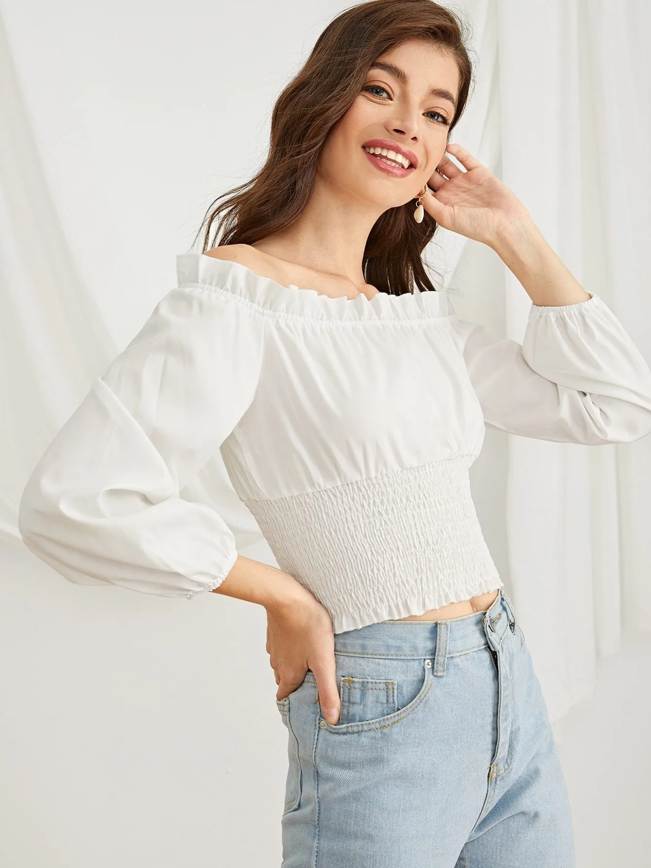 Frill Trim Shirred Waist Bardot Top