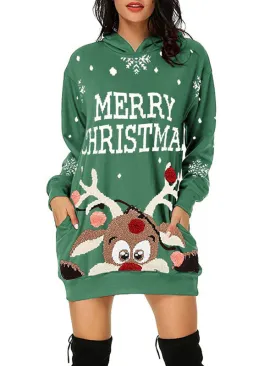 Gillian Holiday Knit Reindeer Print Hooded Sweatshirt
