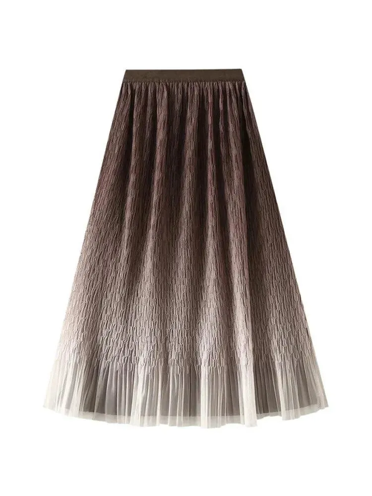Gradient Mesh Pleated Skirt Multi-color Elegant Women Skirt