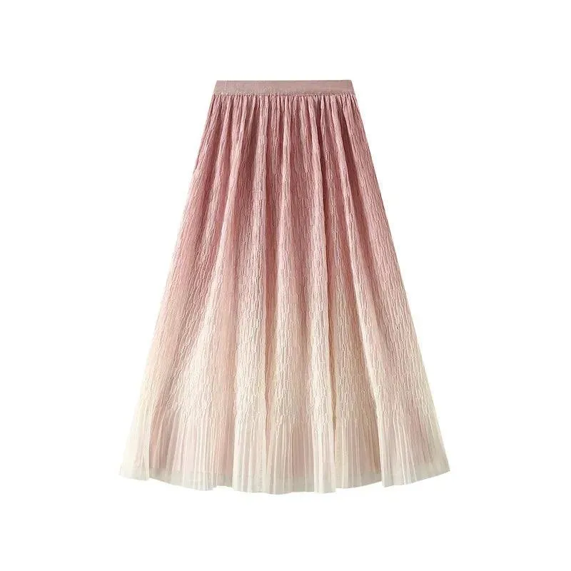 Gradient Mesh Pleated Skirt Multi-color Elegant Women Skirt