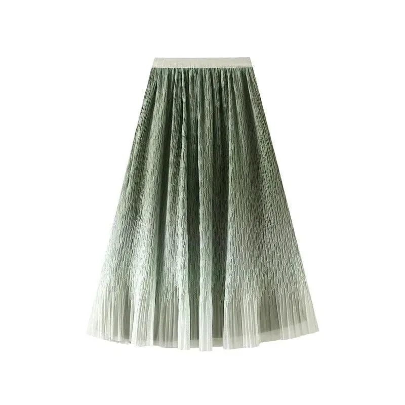 Gradient Mesh Pleated Skirt Multi-color Elegant Women Skirt