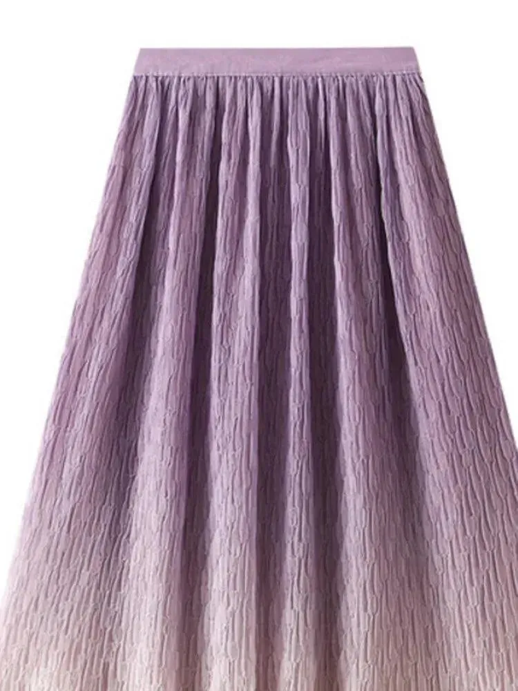 Gradient Mesh Pleated Skirt Multi-color Elegant Women Skirt