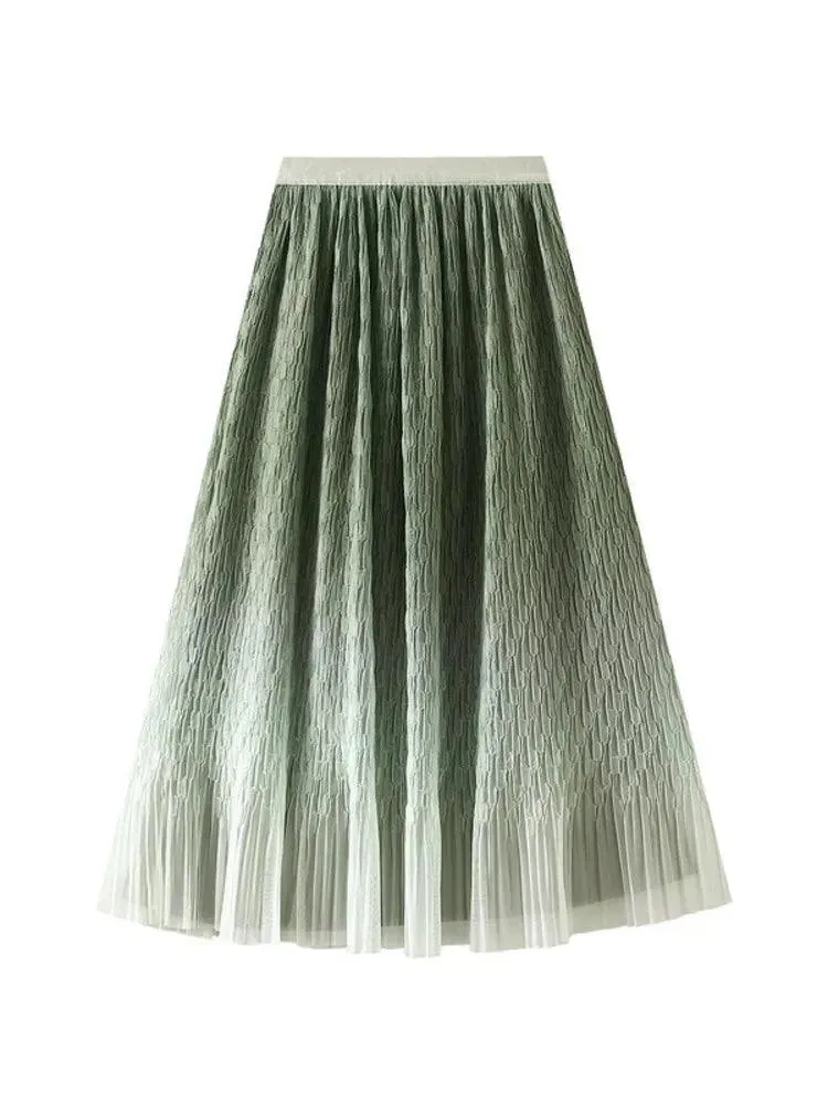 Gradient Mesh Pleated Skirt Multi-color Elegant Women Skirt