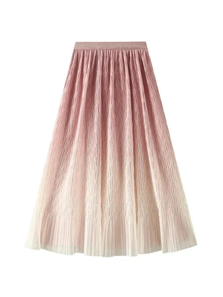 Gradient Mesh Pleated Skirt Multi-color Elegant Women Skirt