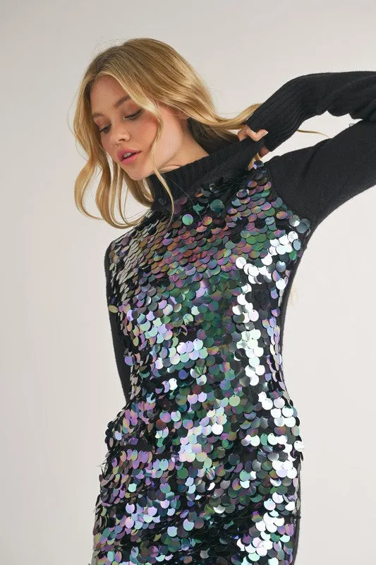 Hits The Spot Iridescent Sequin Sweater Dress